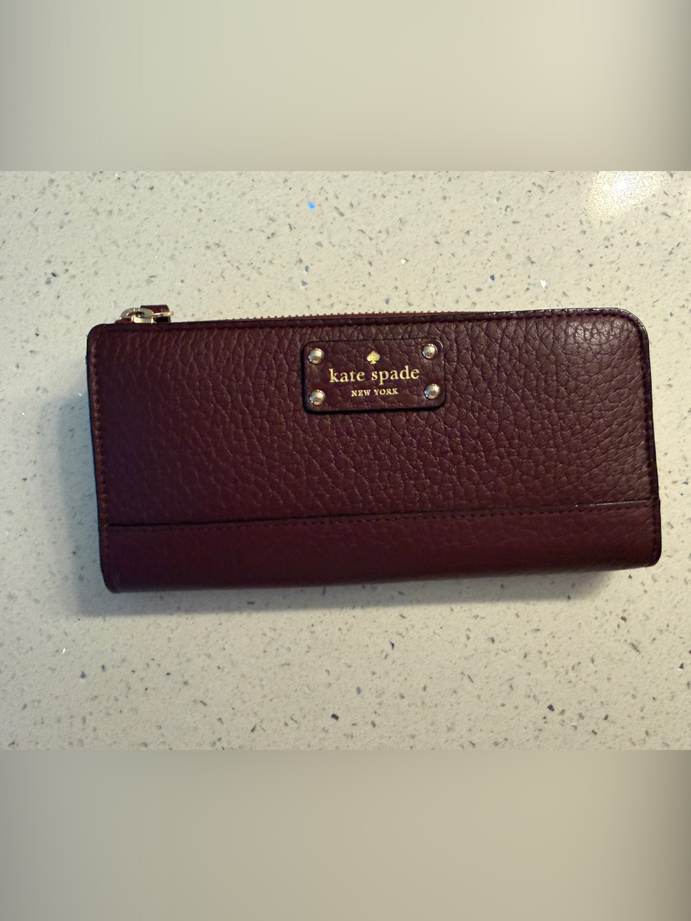 kate spade Wine Leather Zip Wallet with Gold Logo Plate